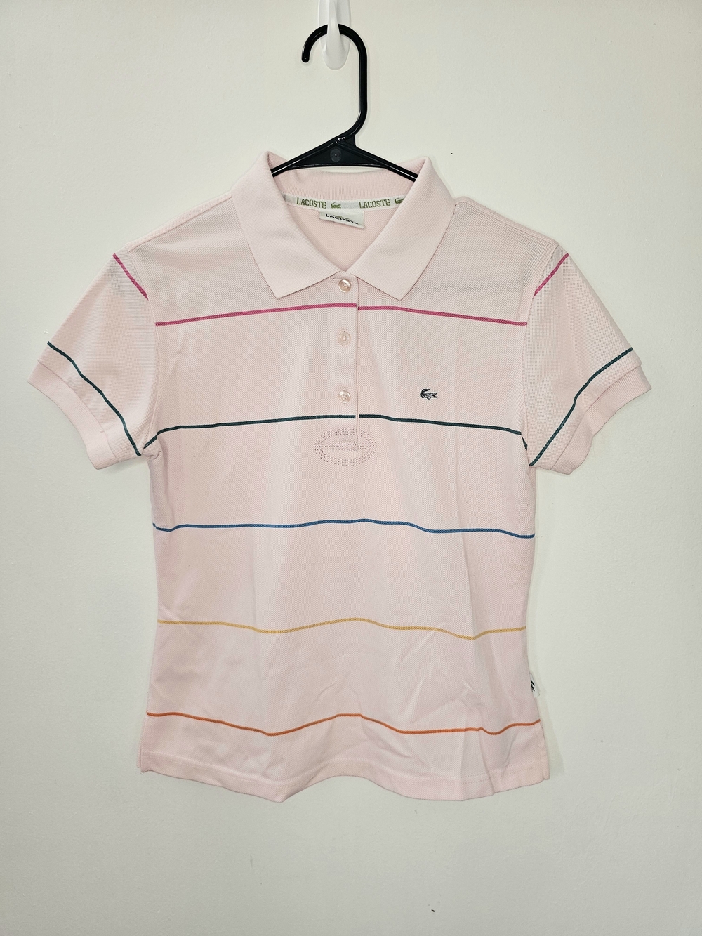 Lacoste Women's Pink Rainbow Stripe Polo Shirt Size 38 (US M) Made in France